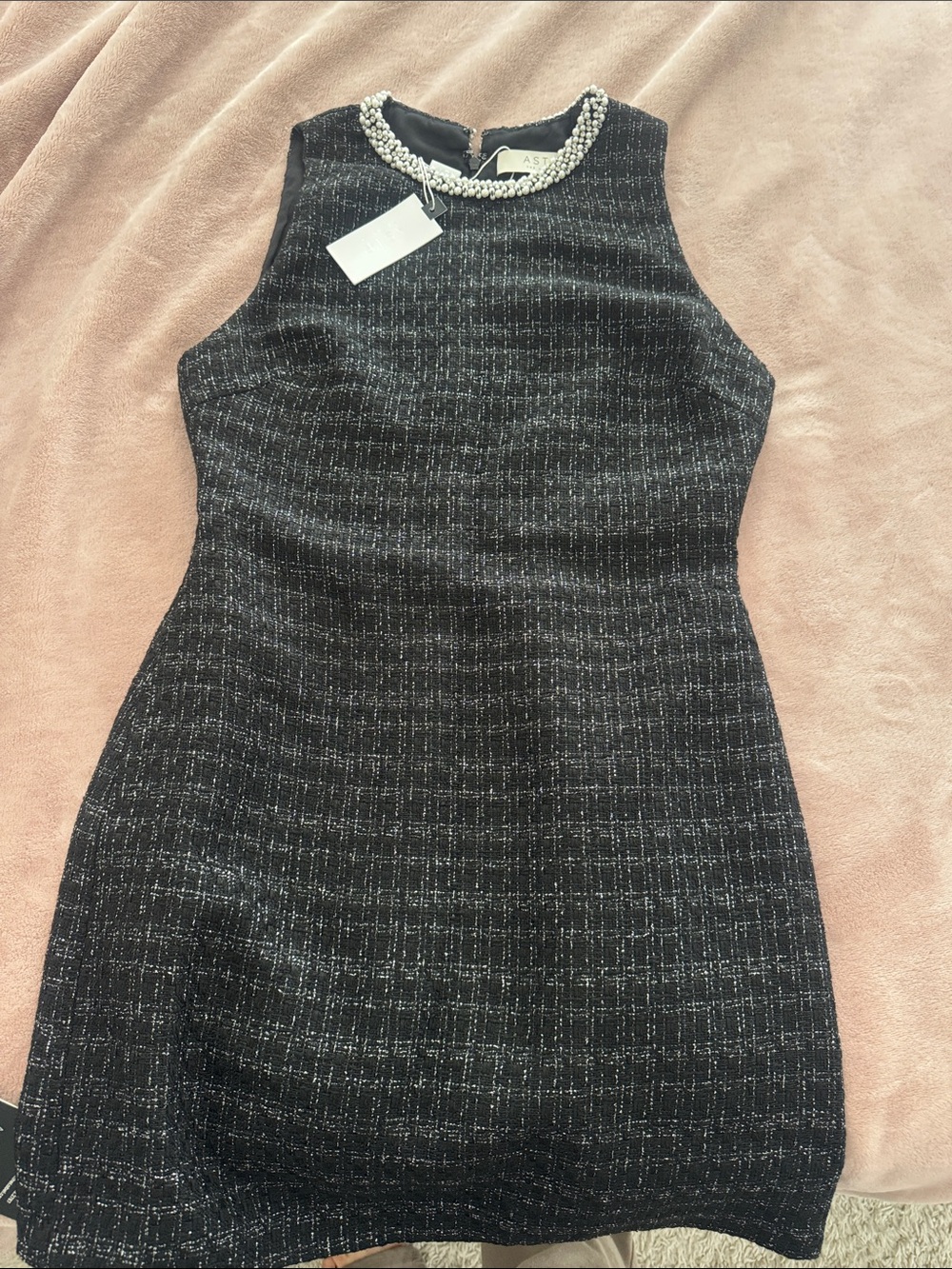 Astr the Label Small 
Black Tweed mini dress with Pearl Trim